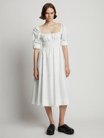 Front full length image of model wearing Square Neck Poplin Dress in OFF WHITE