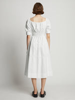 Back full length image of model wearing Square Neck Poplin Dress in OFF WHITE