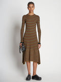 Front full length image of model wearing Stripe Knit Dress in VERMILLION MULTI