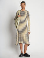 Front full length image of model wearing Stripe Knit Dress in CREAM MULTI