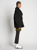 Side full length image of model wearing Satin Jacket in BLACK