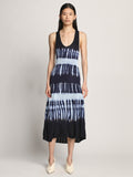 Front full length image of model wearing Viscose Knit Tie Dye Dress in BLUE MULTI