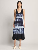 Front full length image of model wearing Viscose Knit Tie Dye Dress in BLUE MULTI