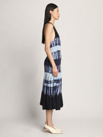 Side full length image of model wearing Viscose Knit Tie Dye Dress in BLUE MULTI