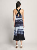 Back full length image of model wearing Viscose Knit Tie Dye Dress in BLUE MULTI
