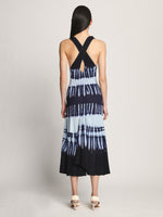 Back full length image of model wearing Viscose Knit Tie Dye Dress in BLUE MULTI