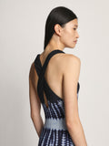 Detail image of model wearing Viscose Knit Tie Dye Dress in BLUE MULTI