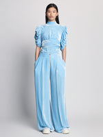 Front full length image of model wearing Silk Viscose Velvet Trousers in LIGHT BLUE
