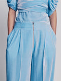 Detail image of model wearing Silk Viscose Velvet Trousers in LIGHT BLUE