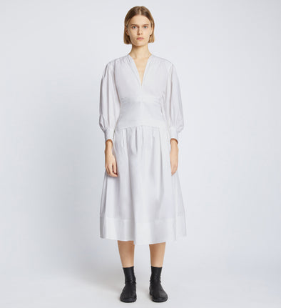 Front full length image of model wearing Poplin V-Neck Dress in WHITE