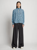 Front full length image of model wearing Printed Crepe De Chine Top in BLUE MULTI