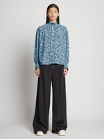 Front full length image of model wearing Printed Crepe De Chine Top in BLUE MULTI