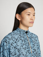 Detail image of model wearing Printed Crepe De Chine Top in BLUE MULTI