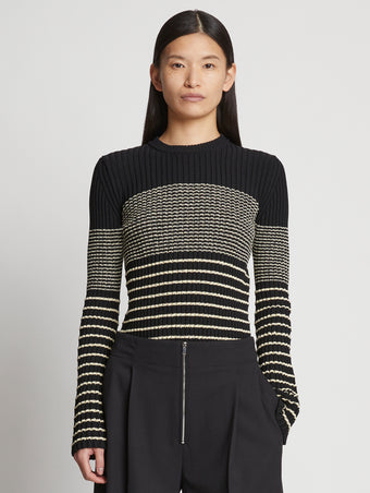 Front cropped image of model wearing Boucle Mini Stripe Sweater in BLACK MULTI