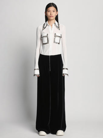 Front full length image of model wearing Silk Viscose Velvet Trouser in BLACK