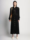 Front full length image of model wearing Sheer Pleated Flou Dress in BLACK