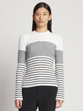 Front cropped image of model wearing Boucle Mini Stripe Sweater in OFF WHITE MULTI