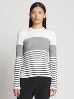 Front cropped image of model wearing Boucle Mini Stripe Sweater in OFF WHITE MULTI