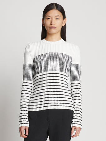 Front cropped image of model wearing Boucle Mini Stripe Sweater in OFF WHITE MULTI