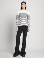Front full length image of model wearing Boucle Mini Stripe Sweater in OFF WHITE MULTI