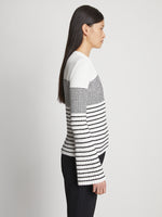 Detail image of model wearing Boucle Mini Stripe Sweater in OFF WHITE MULTI