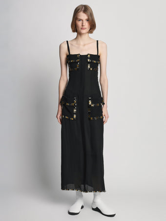 Front full length image of model wearing Embroidered Stone Chiffon Dress in BLACK MULTI