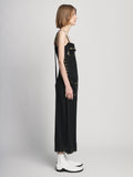 Side full length image of model wearing Embroidered Stone Chiffon Dress in BLACK MULTI