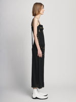 Side full length image of model wearing Embroidered Stone Chiffon Dress in BLACK MULTI