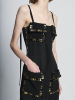 Detail image of model wearing Embroidered Stone Chiffon Dress in BLACK MULTI
