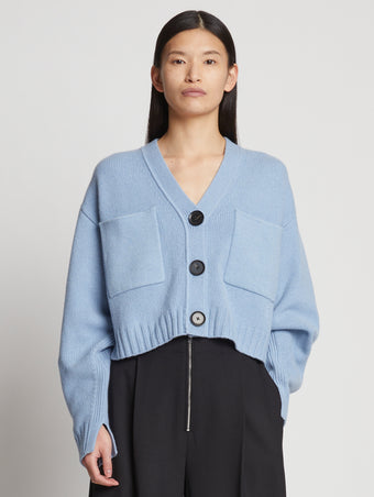 Front cropped image of model wearing Eco Cashmere Cardigan in LIGHT BLUE