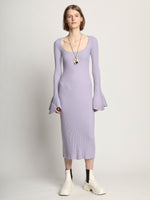Front full length image of model wearing Fluted Rib Knit Dress in LAVENDER