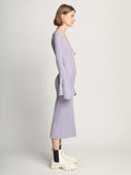 Side full length image of model wearing Fluted Rib Knit Dress in LAVENDER