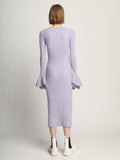 Back full length image of model wearing Fluted Rib Knit Dress in LAVENDER