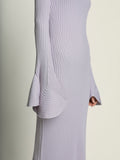 Detail image of model wearing Fluted Rib Knit Dress in LAVENDER