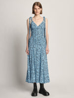 Front full length image of model wearing Printed Crepe De Chine Tank Dress in BLUE MULTI