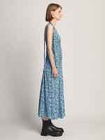 Side full length image of model wearing Printed Crepe De Chine Tank Dress in BLUE MULTI
