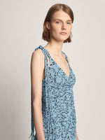 Detail image of model wearing Printed Crepe De Chine Tank Dress in BLUE MULTI