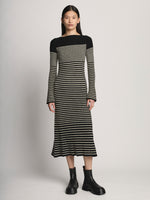 Front full length image of model wearing Boucle Mini Stripe Knit Dress in BLACK MULTI