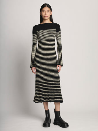 Front full length image of model wearing Boucle Mini Stripe Knit Dress in BLACK MULTI