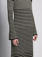 Detail image of model wearing Boucle Mini Stripe Knit Dress in BLACK MULTI