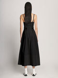 Back full length image of model wearing Poplin Bustier Dress in BLACK