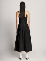 Back full length image of model wearing Poplin Bustier Dress in BLACK