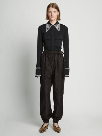 Front full length image of model wearing Silk Nylon Taffeta Pants in BLACK