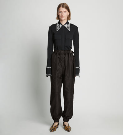 Front full length image of model wearing Silk Nylon Taffeta Pants in BLACK