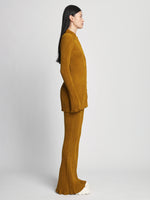 Side full length image of model wearing Velvet Rib Knit Shirt in OCHRE