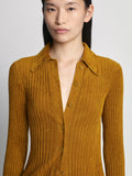 Detail image of model wearing Velvet Rib Knit Shirt in OCHRE