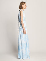 Side full length image of model wearing Floral Garment Printed Dress in BLUE MULTI