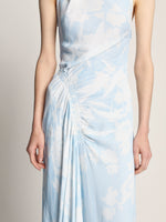Detail image of model wearing Floral Garment Printed Dress in BLUE MULTI