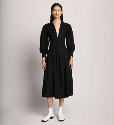 Front full length image of model wearing Poplin V-Neck Dress in BLACK