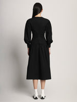 Back full length image of model wearing Poplin V-Neck Dress in BLACK